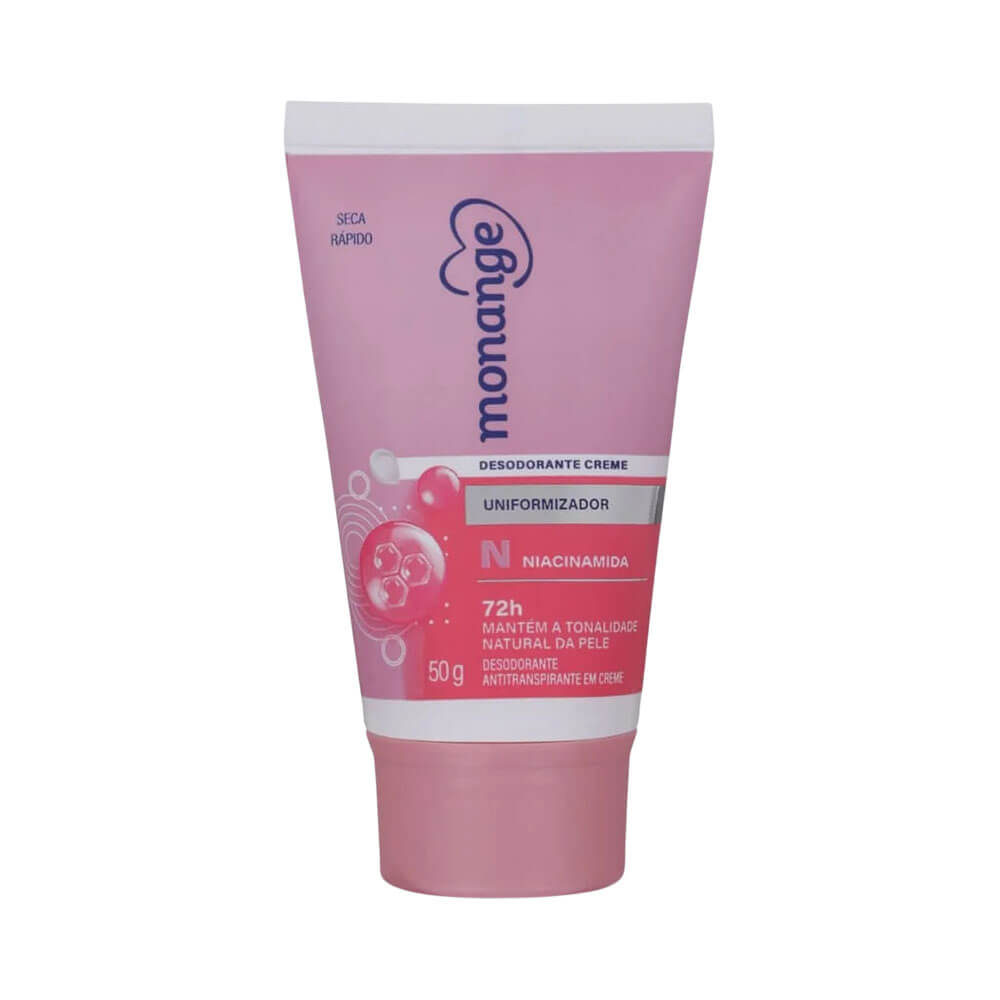 Desodorante Creme Monange Uniformizador 50g em embalagem rosa claro com detalhes em branco e rosa escuro